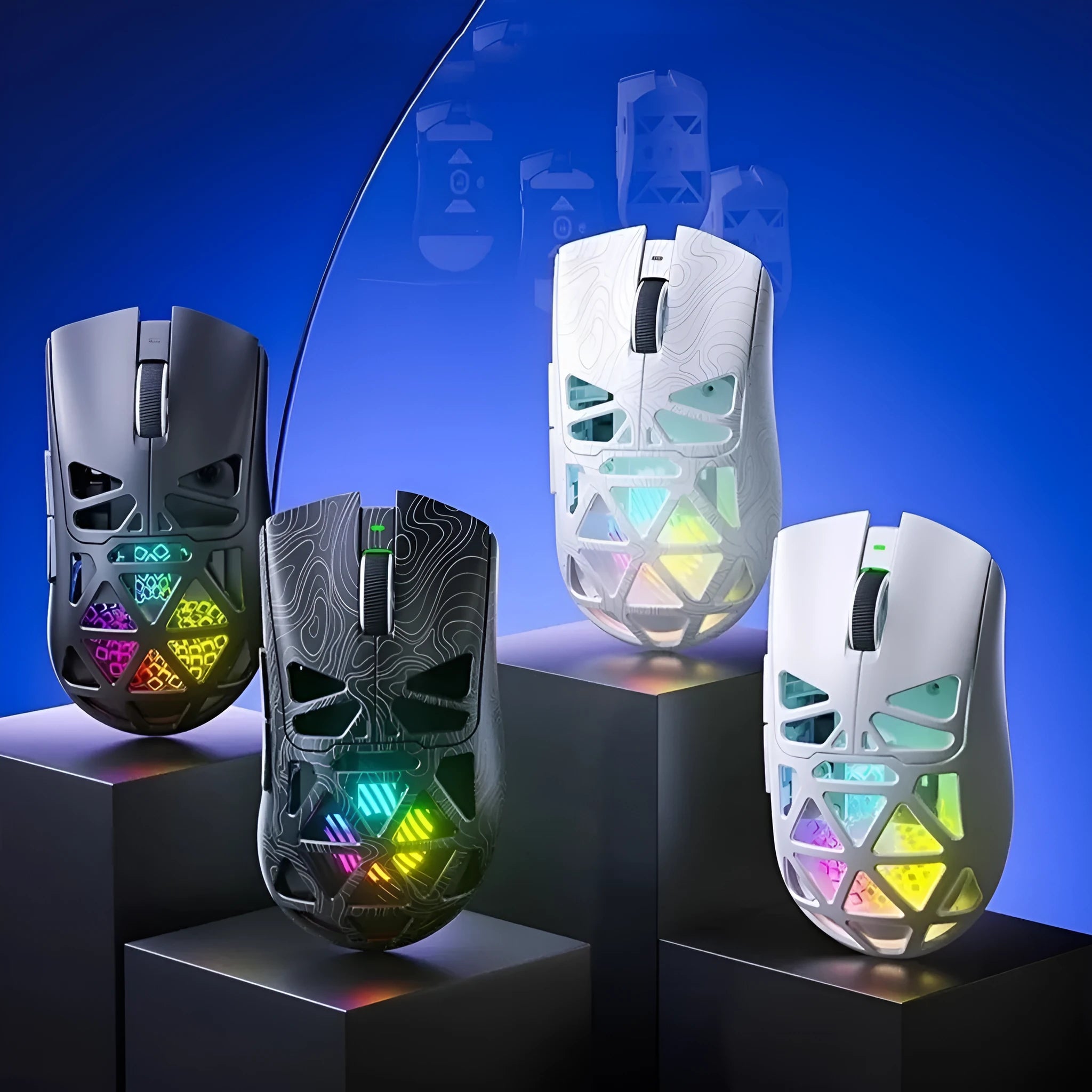 Wireless three-mode mouse with hollowed-out design in black contour finish on desk with cable