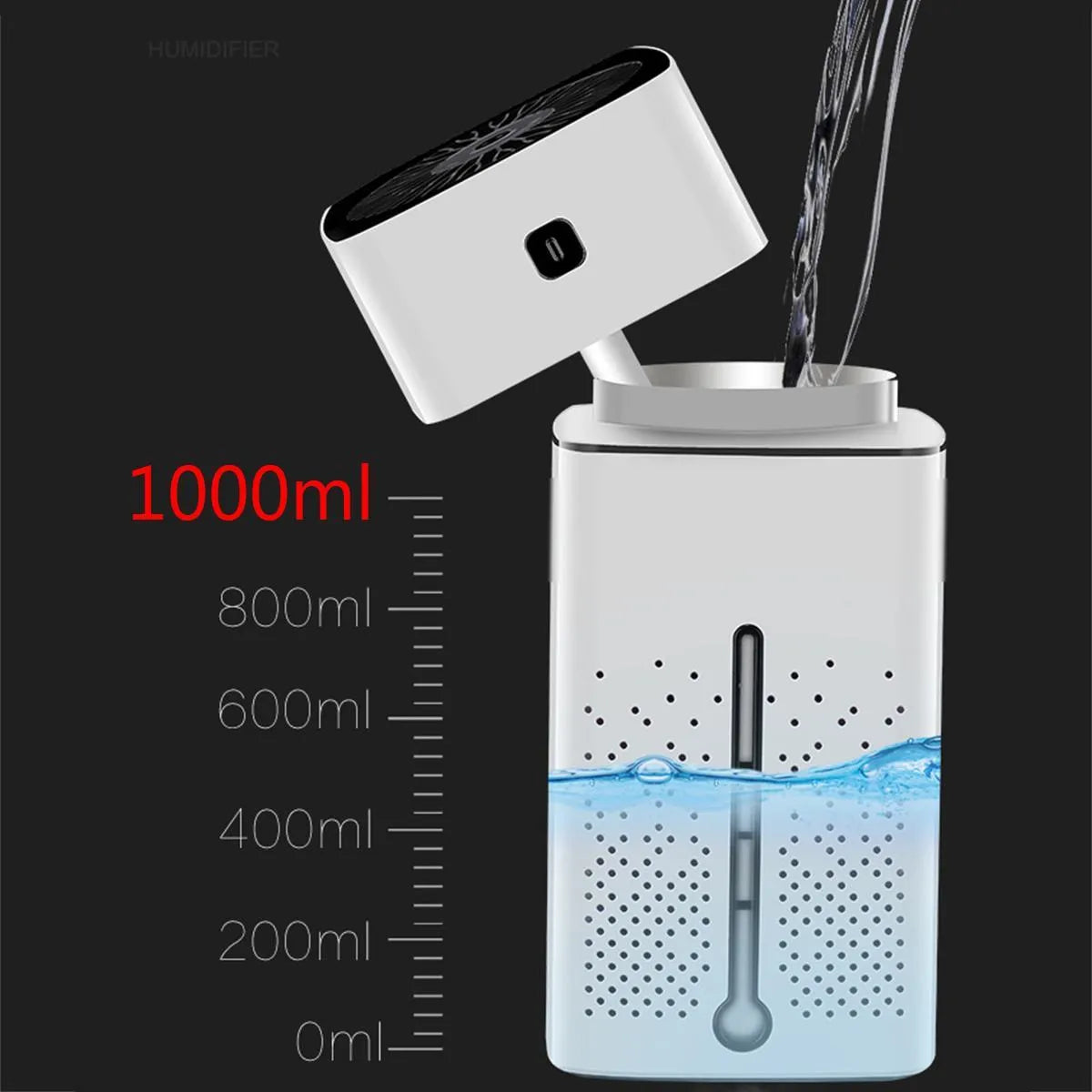 Black and white desktop humidifier with 1000ml capacity and USB interface for home office use