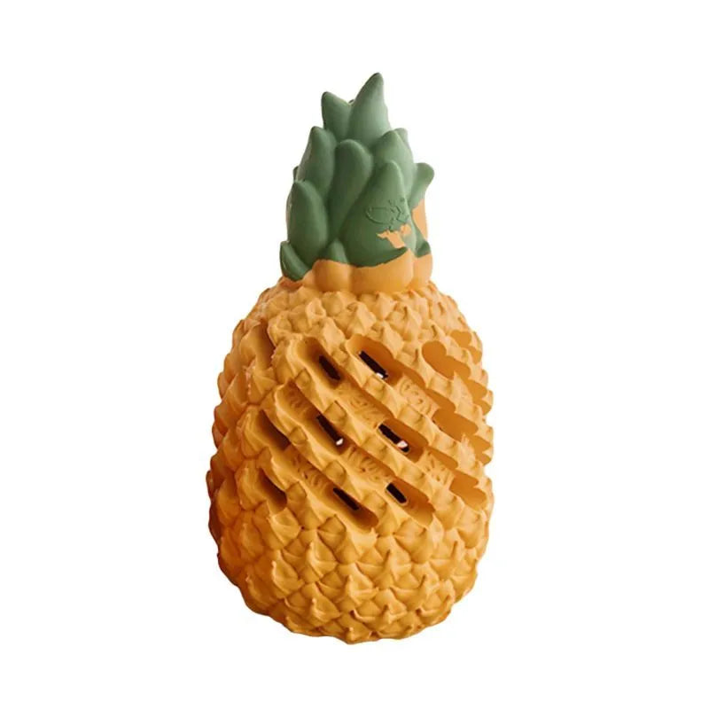Yellow pineapple-shaped rubber dog chew toy with hollow treat section for small and large dogs