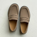 Men's slip-on PU leather shoes in khaki or Gardenia yellow with flat heel, round toe, rubber sole, sizes 39-44.