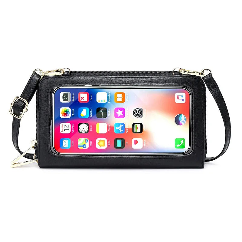 Anti-theft touch screen phone bag crossbody wallet in PU leather, 20.5cm width, multiple colours