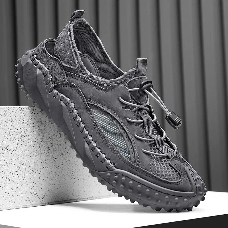 Men's black waterproof sports sandals with leather mesh upper and elastic band closure