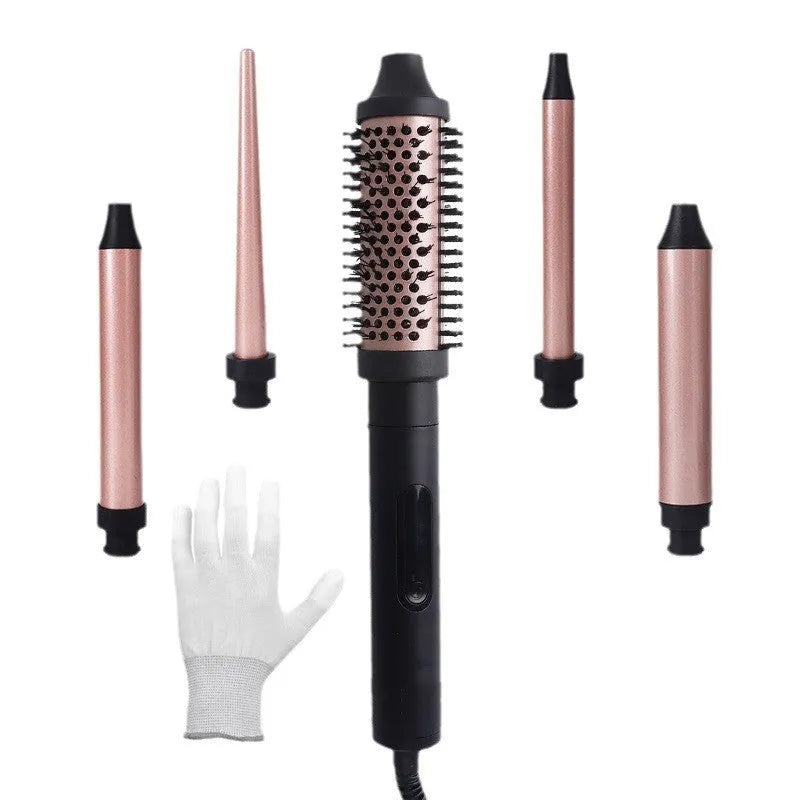 Black 5-in-1 hair curling iron with titanium gold coated adjustable barrel and UK plug