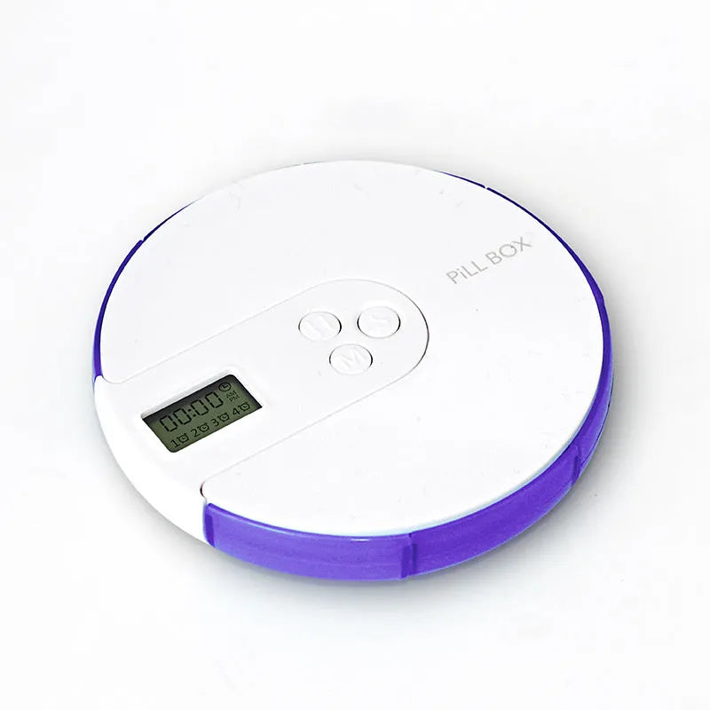 Seven-compartment electronic pill dispenser with alarm clock display showing timer settings