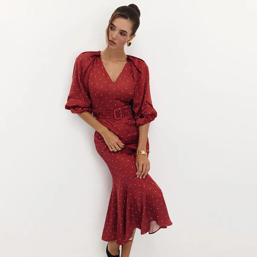 Women's satin V-neck polka dot high waist fishtail long dress in printing colour