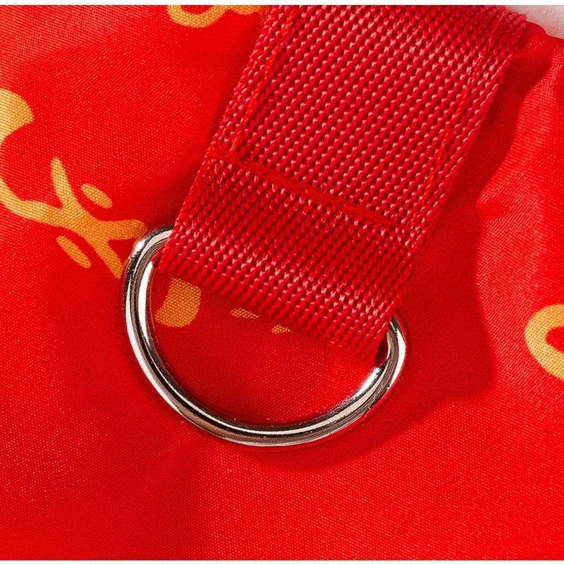 Lion dance pet jumpsuit in red with faux fur trim and leash ring, four-legged cotton jacket for dogs and cats.