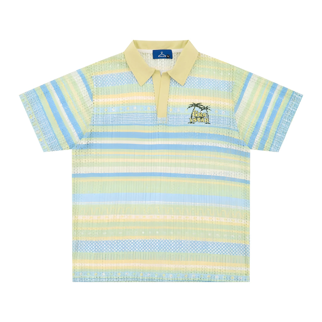 Men's blue printed short sleeve shirt with elastic fabric and loose leisure cut