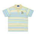 Men's blue printed short sleeve shirt with elastic fabric and loose leisure cut