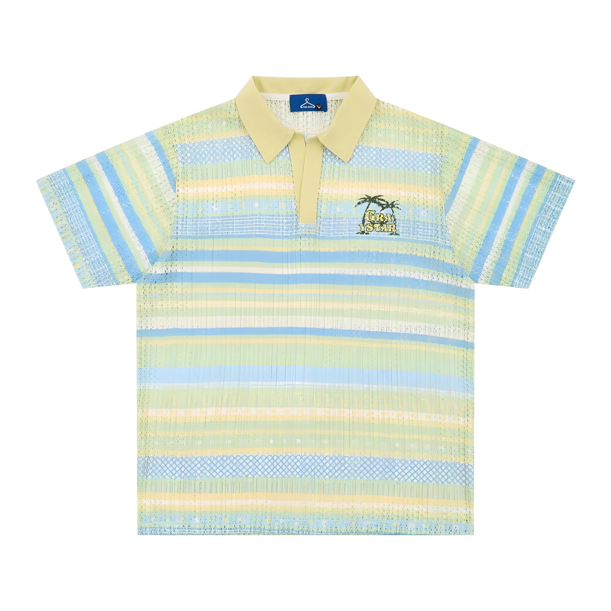 Men's blue printed short sleeve shirt with elastic fabric and loose leisure cut