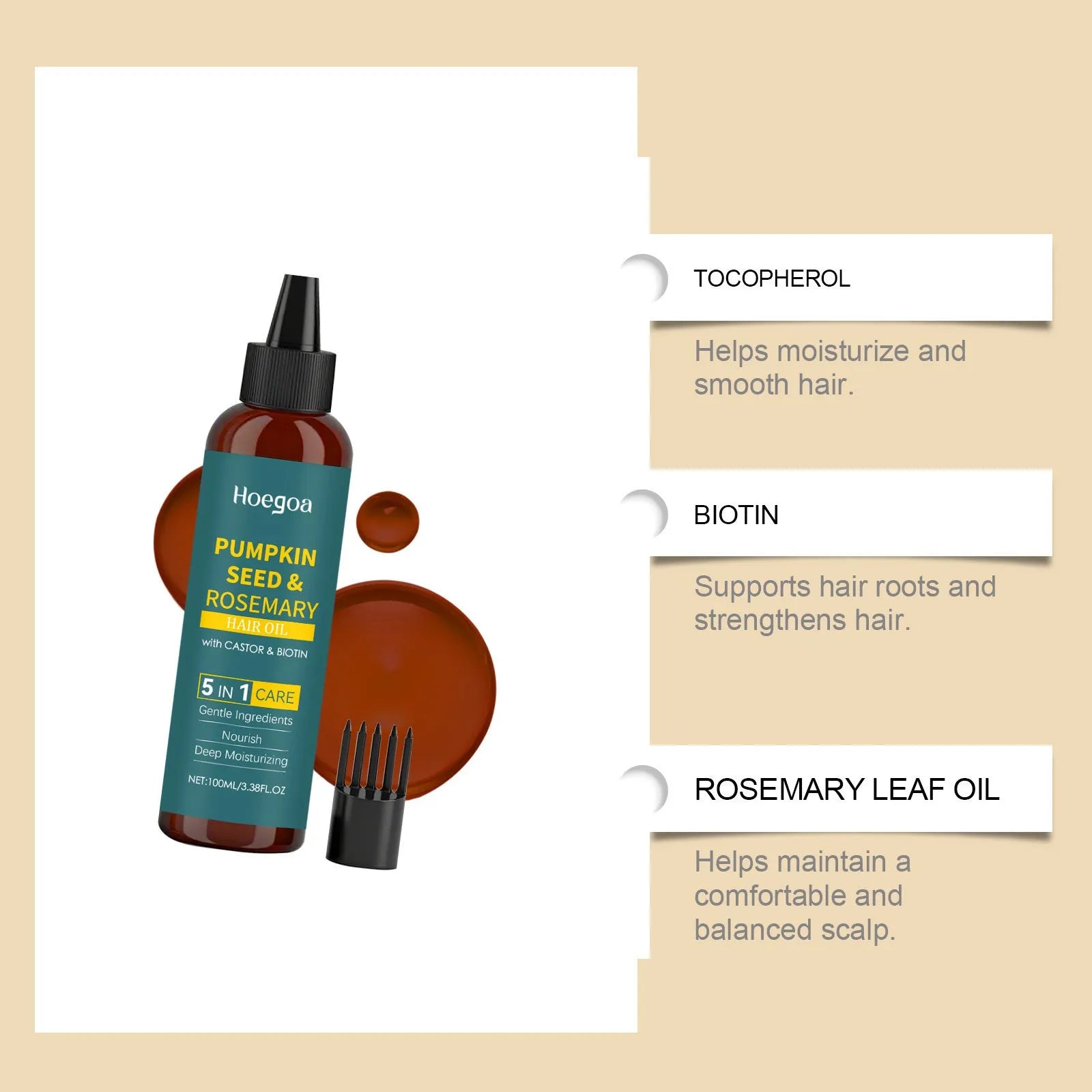 Rosemary hair care essential oil 100ml bottle with pointed applicator nozzle and hair comb