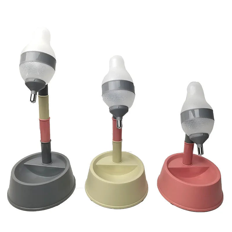 All-in-one adjustable height pet water and feed bowl for dogs and cats in grey and pink options