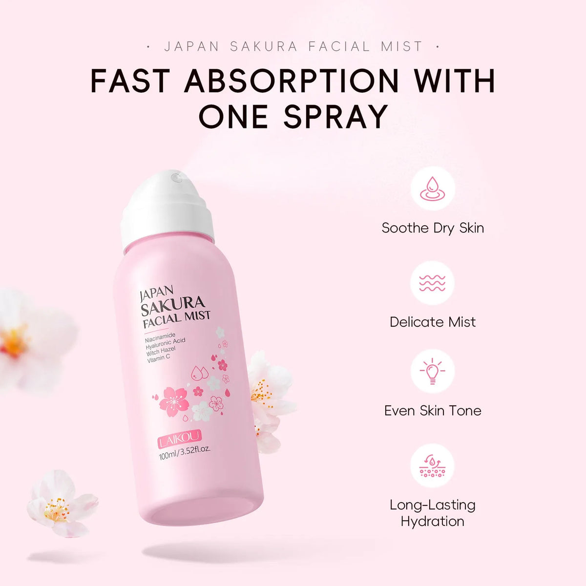 Lecoul Cherry Blossom Spray Wet Compress Lotion 100ml spray bottle for daily skincare and makeup prep