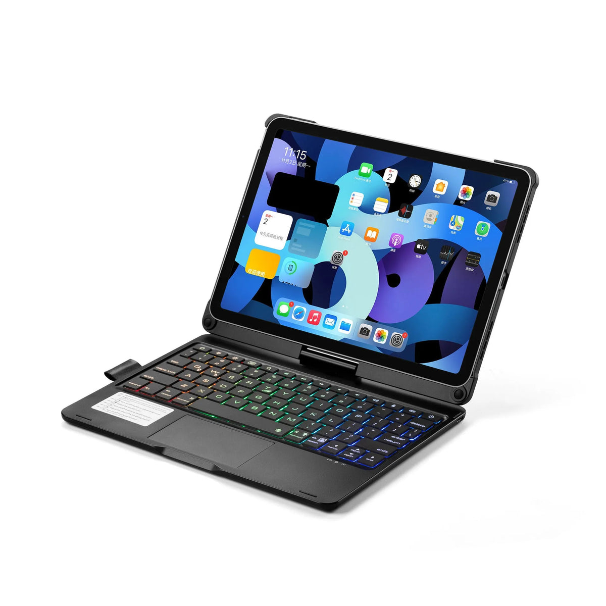 Rotating Bluetooth keyboard with touch backlight for iPad in black, rose gold or silver