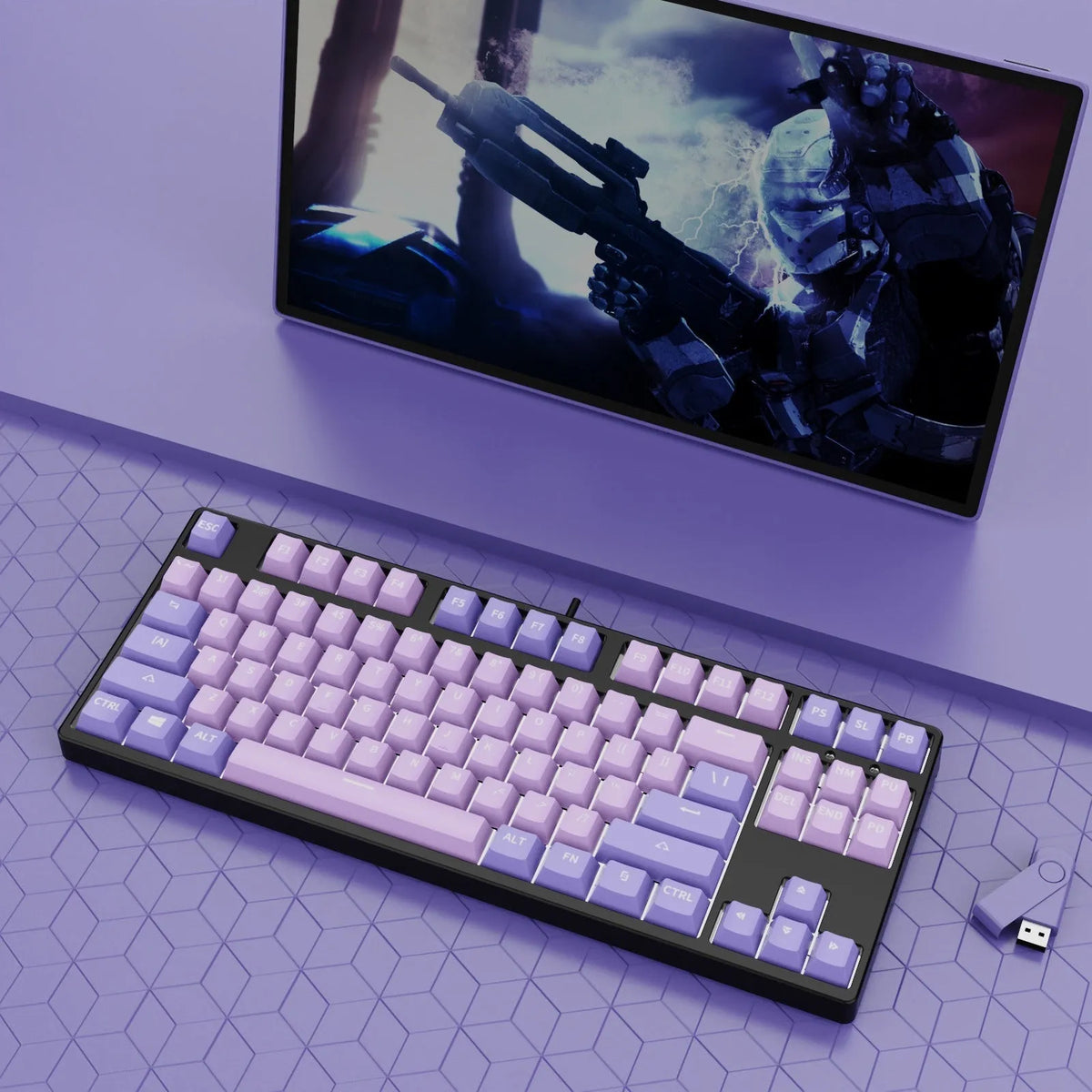 87-key wired mechanical keyboard with hot-swappable switches showing multiple colour combination options