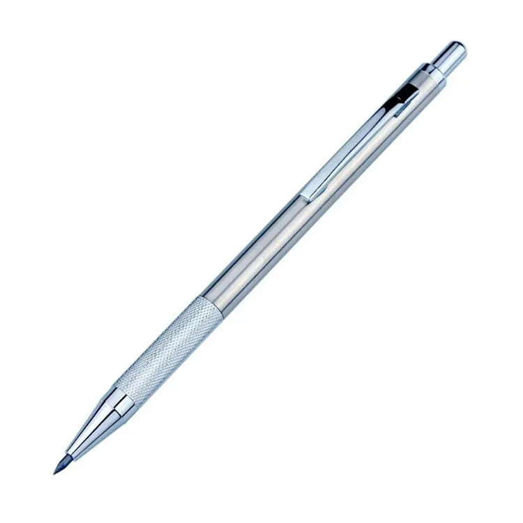 Silver metal automatic mechanical pencil with six compatible lead sizes from 0.5mm to 2.0mm on a notebook.