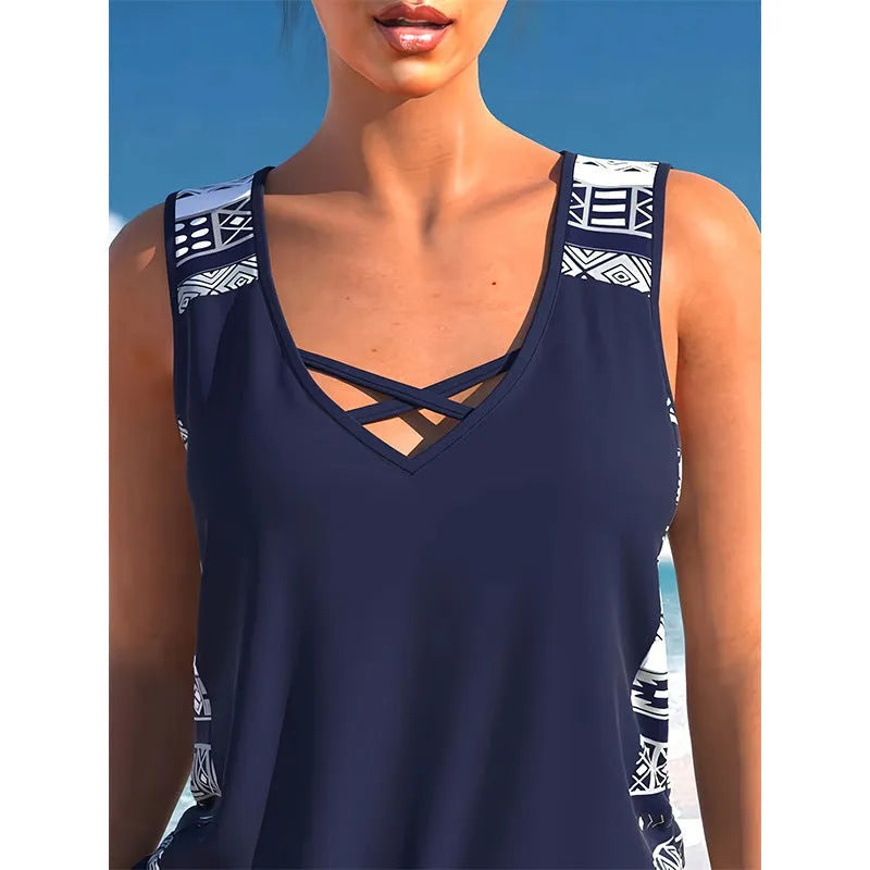 Women's polyester one-piece swimsuit, sleeveless briefs style, conservative split design, sizes S to XXL