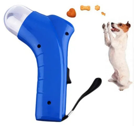 Pet treat launcher made of ABS plastic with spring-loaded trigger and wrist strap