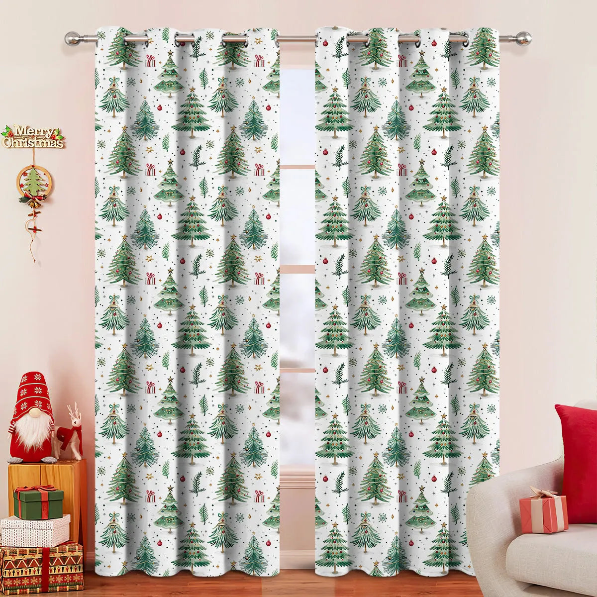 Christmas Forest punched polyester curtain panel showing punched design detail and modern simple style