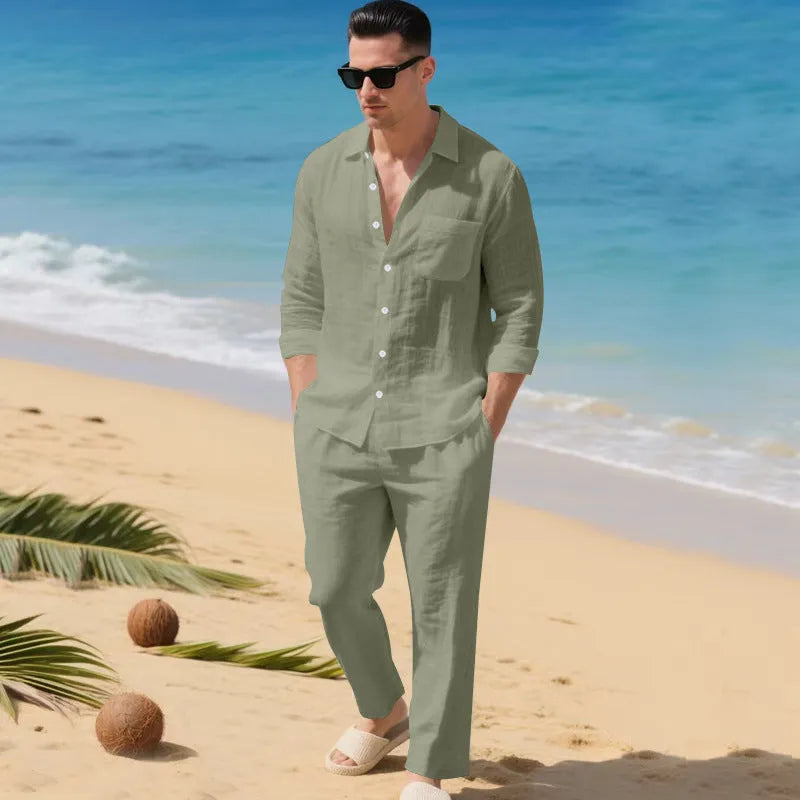 Linen blend long sleeve shirt and full-length trousers two-piece set in khaki, sizes S to XXXXL, casual autumn sport style