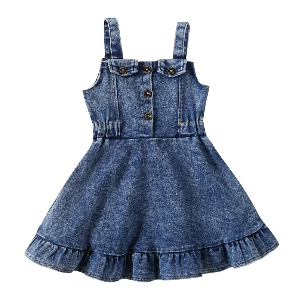 Baby girl cotton denim strap dress in casual suspender skirt style, sizes 80cm to 120cm