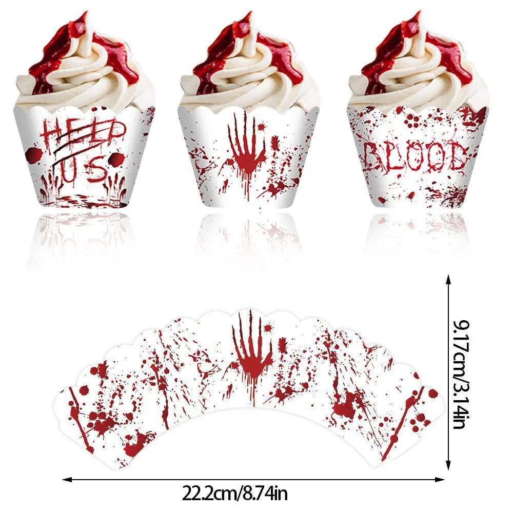 Halloween cake border in red hand design, paper cupcake surrounding border, 12 pack