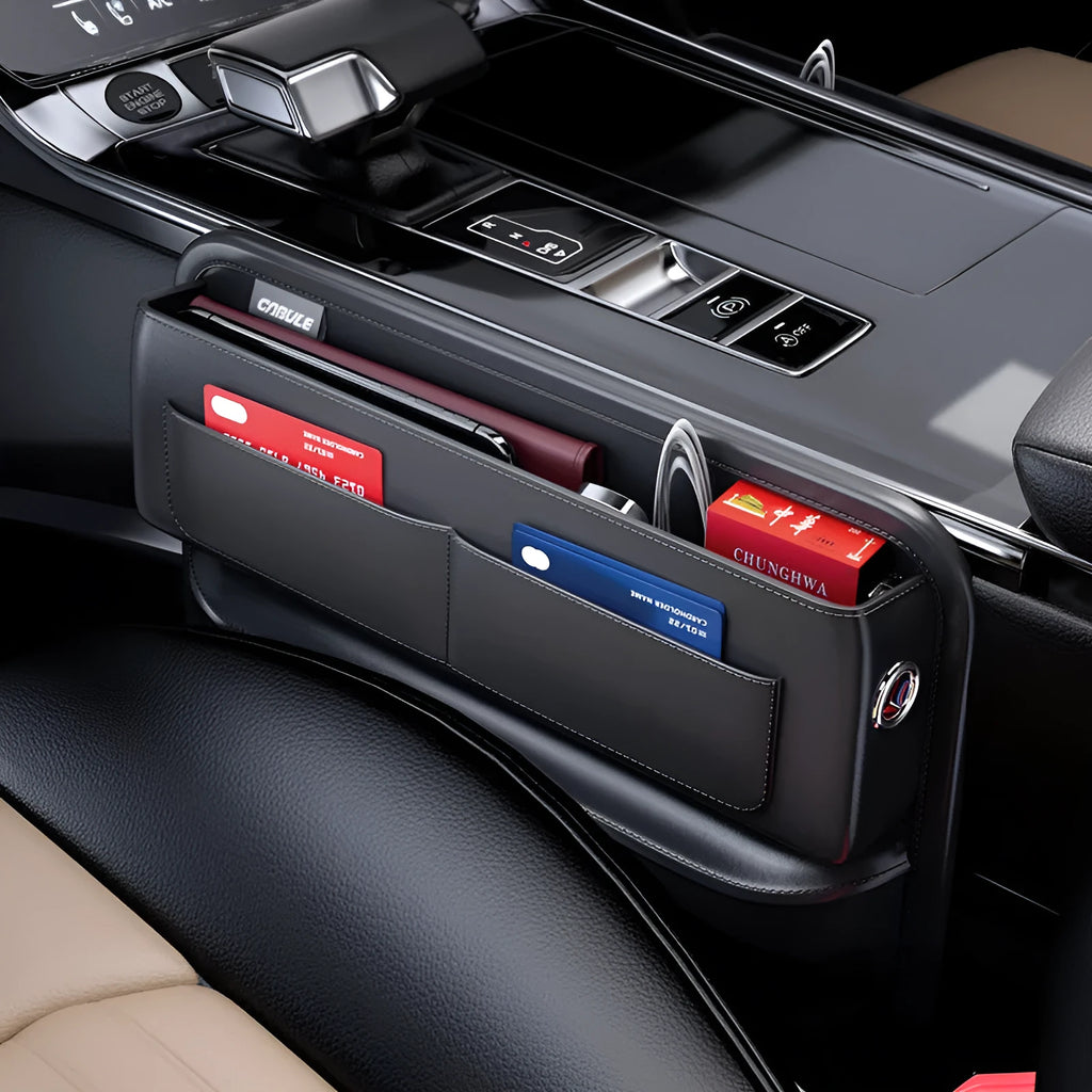 Black PU leather car seat gap storage box with sponge filling, filling seat gap, cable hole for charging, universal fit.