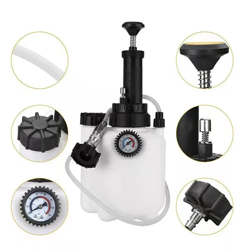 White 3-litre brake oil tank replacement tool with copper, iron and plastic components.