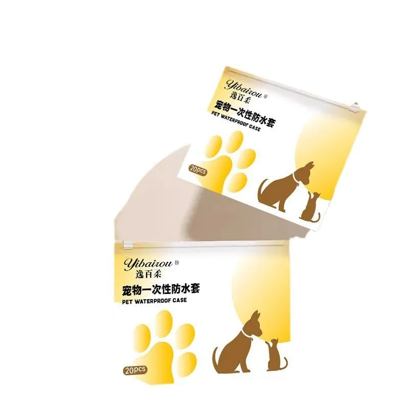 Pack of white disposable waterproof shoe covers for dogs on a non-slip sole.