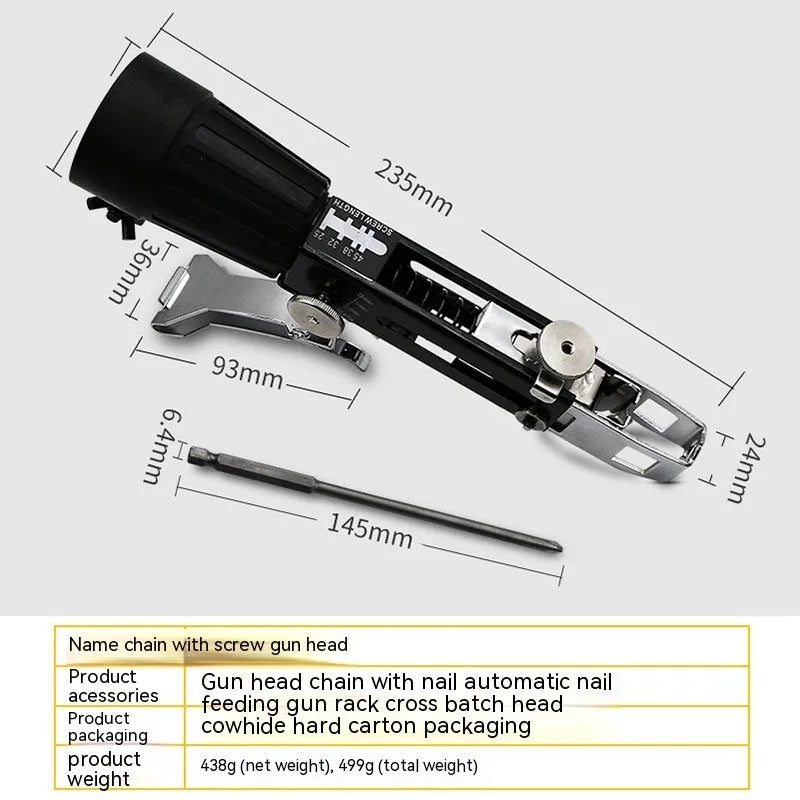 Automatic nail gun chain screw gun head kit with metal gun head and accessories