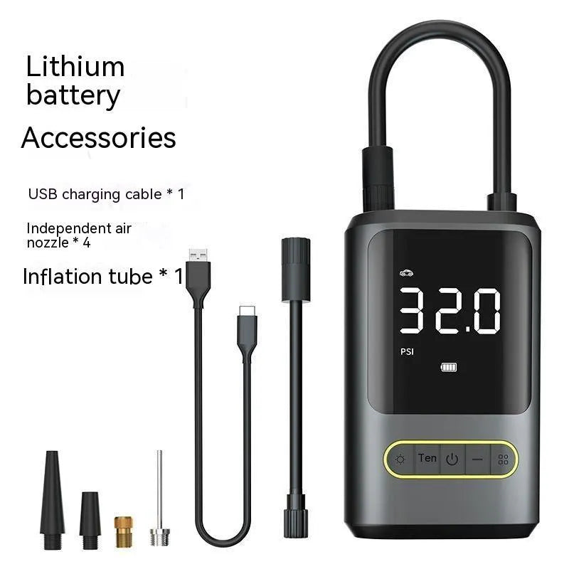 Handheld wireless car air pump with digital display showing pressure reading, includes air hose and multiple nozzle attachments