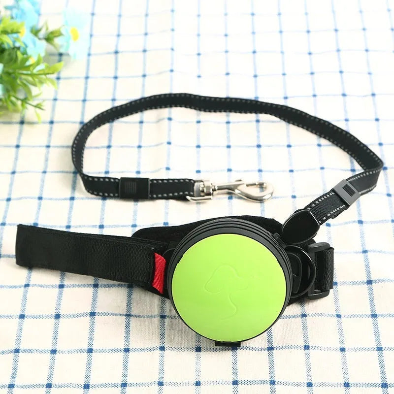 Automatic retractable dog leash showing pet holding hands design and 3 metre nylon cord