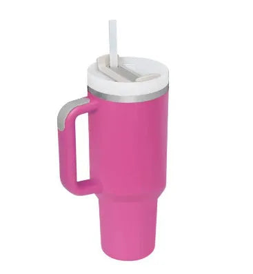 40 oz insulated stainless steel tumbler with handle straw and spill proof lid in a tapered design for car or gym use
