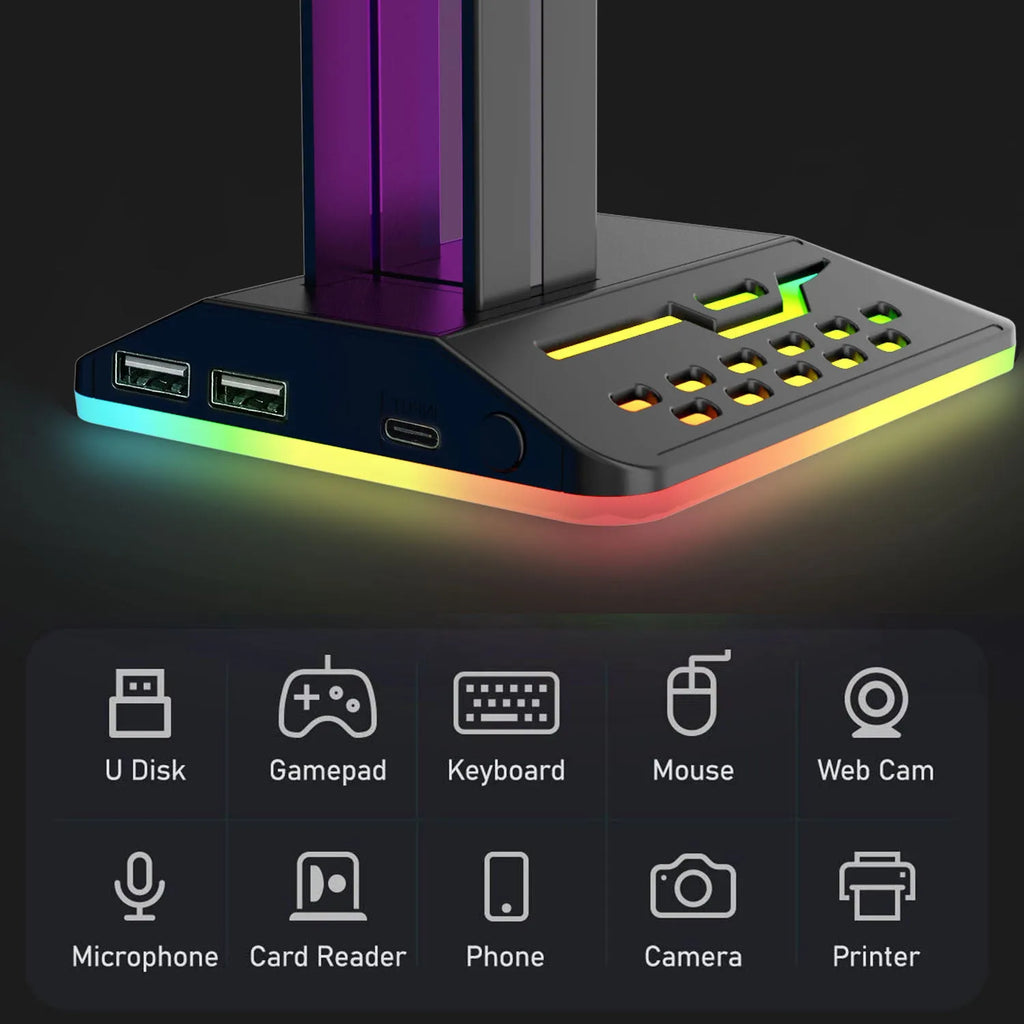 RGB colour-changing headphone holder with dual USB ports on black acrylic stand