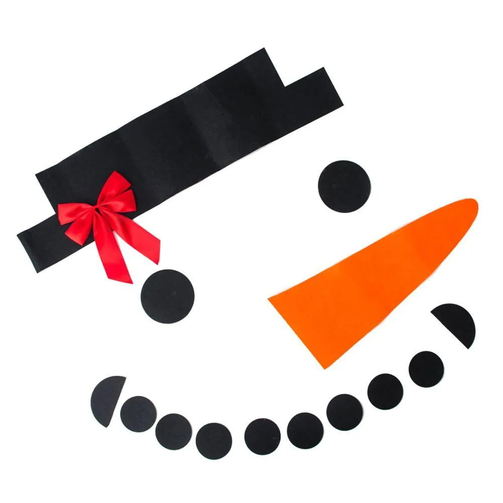DIY Christmas snowman decoration 16-piece non-woven kit with 80x20cm hat, bow, nose, rounds, semi-circles and tape.