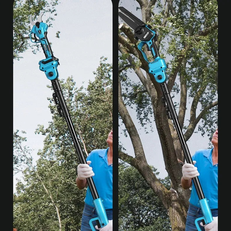 6-inch brushless electric pruning saw with 2.5 m high branch rod, 10 sections, 21V batteries, and SK5 steel blade