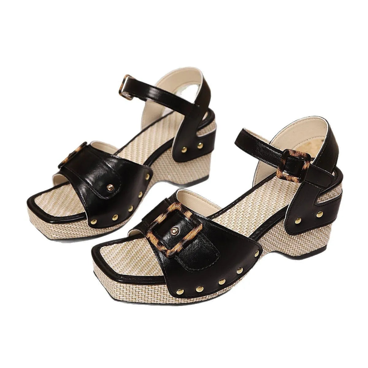 Women's white chunky heel sandals with metal buckle and square toe design