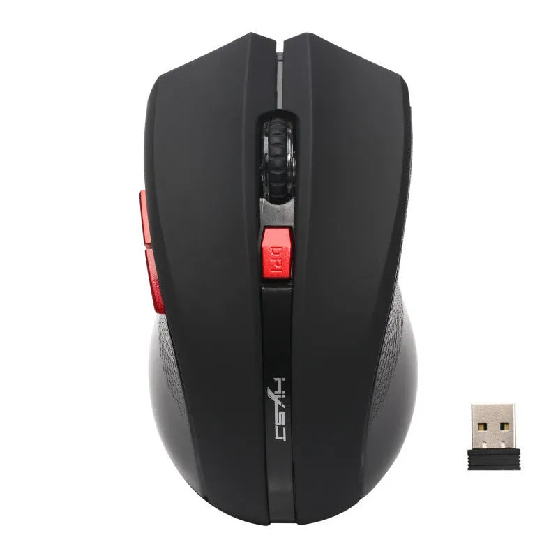 Black wireless optical mouse with 2400 DPI ergonomic design and four-way wheel for laptop or office use