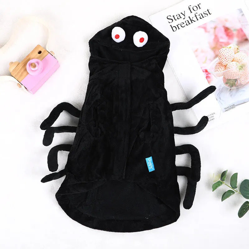 Dog wearing Halloween spider costume in polyester fabric with arachnid pattern design
