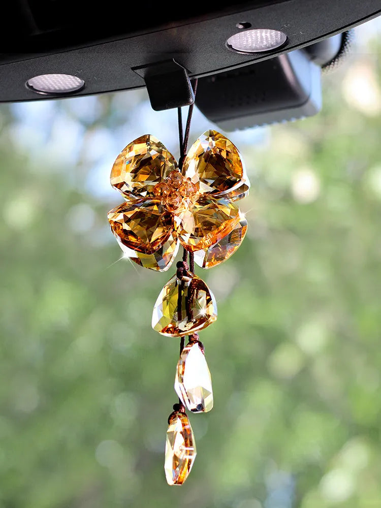 Crystal four leaf clover car pendant ornament in transparent, champagne, black, or shiny finish, approx 20 cm.