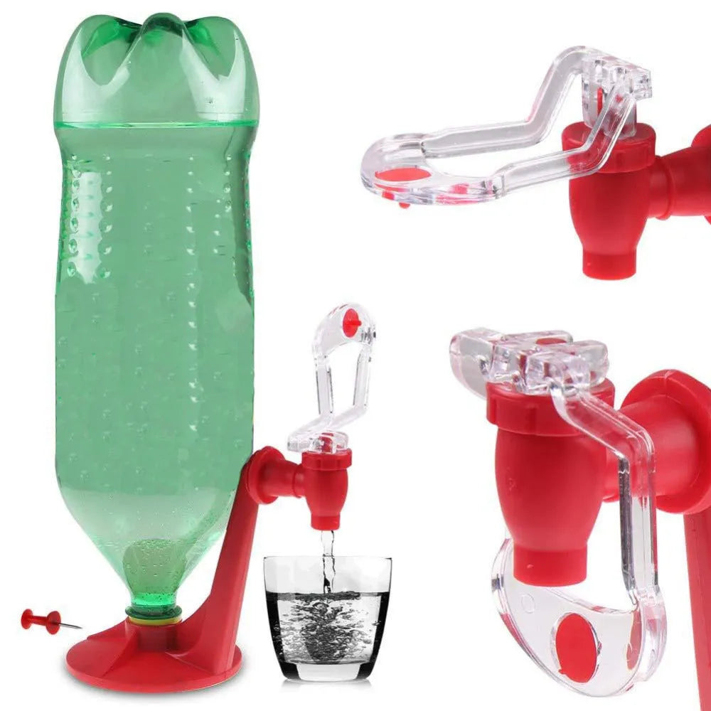 Red plastic Magic Tap soda dispenser for 2-litre bottles, 15 cm high, 10 cm diameter, with push-in tap.