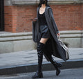 Long grey knitted hooded trench coat cardigan showing cardigan styling and length