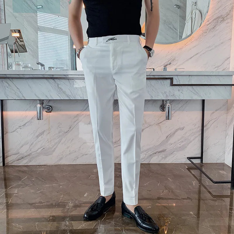 Cotton blended men's slim casual straight leg trousers in black, side view