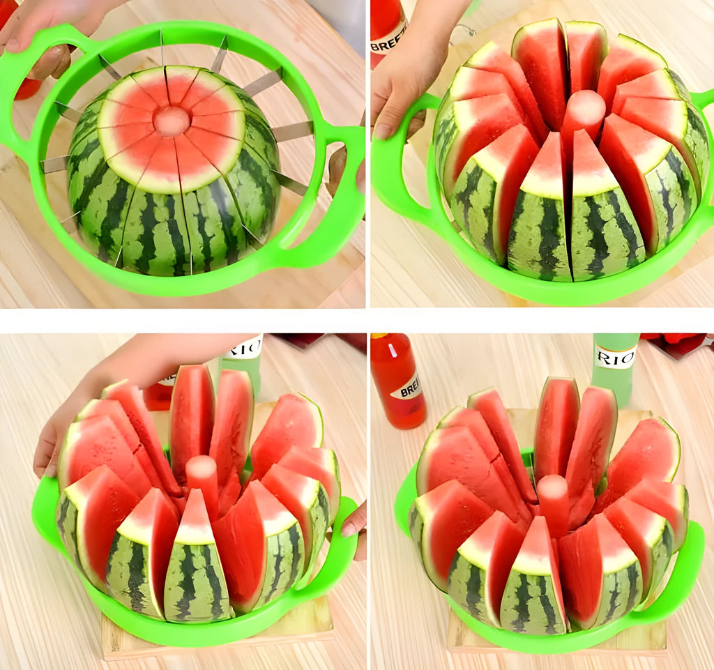 Green watermelon slicer with 410 stainless steel blade and non-slip handle on table