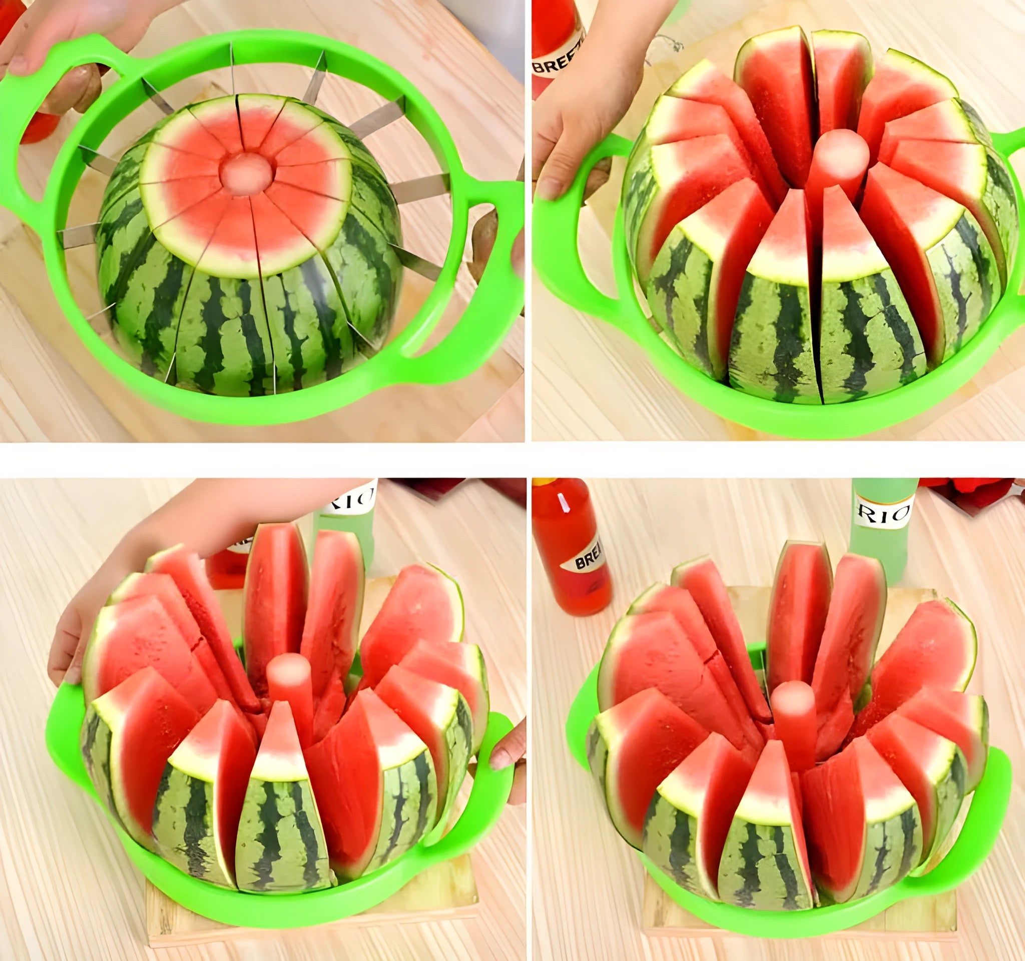 Green watermelon slicer with 410 stainless steel blade and non-slip handle on table