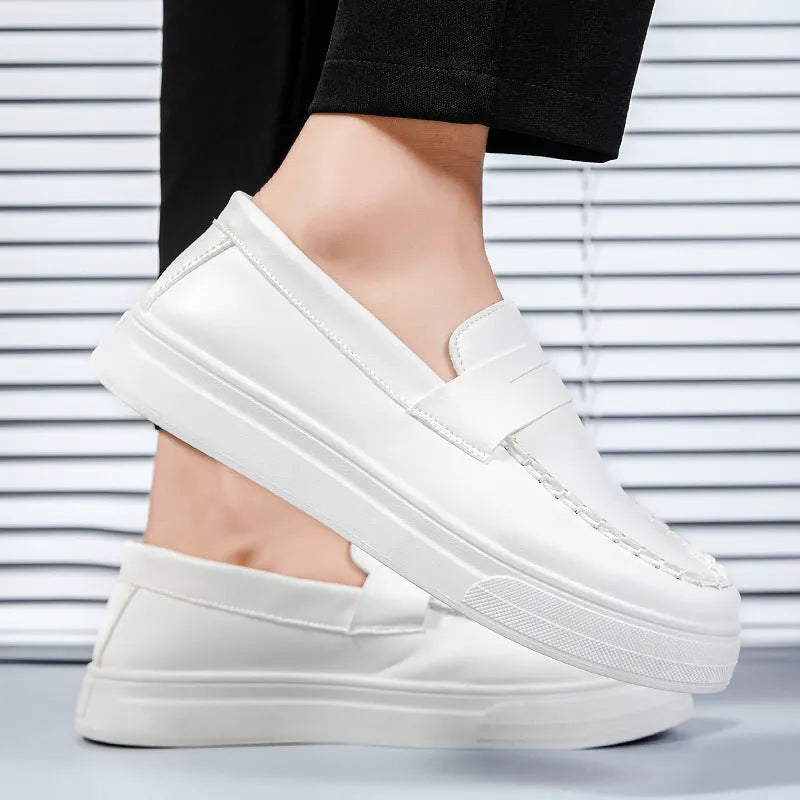 Men's round-toe casual slip-on shoes in artificial PU leather, shown in black & white, khaki, and white colour options.