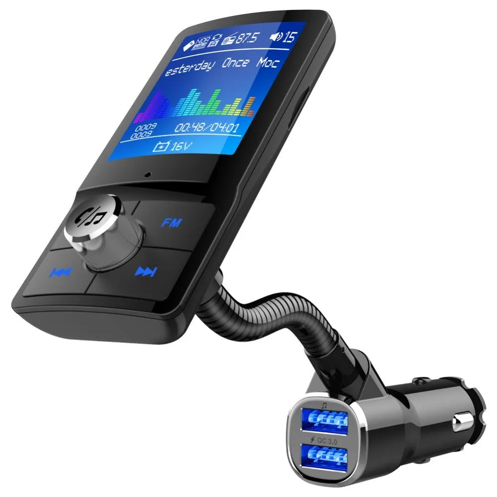 QC3.0 Bluetooth FM transmitter with dual USB ports, LCD display, TF card slot, and car battery voltage detection.