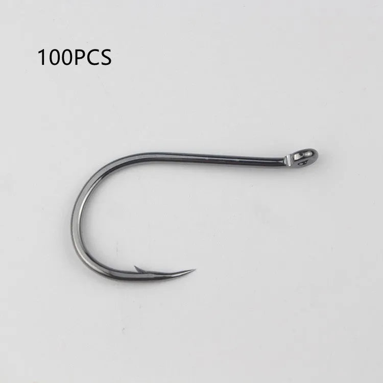 Barbed fishing hooks in various sizes from small to large on a blue background