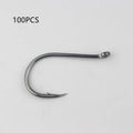 Barbed fishing hooks in various sizes from small to large on a blue background