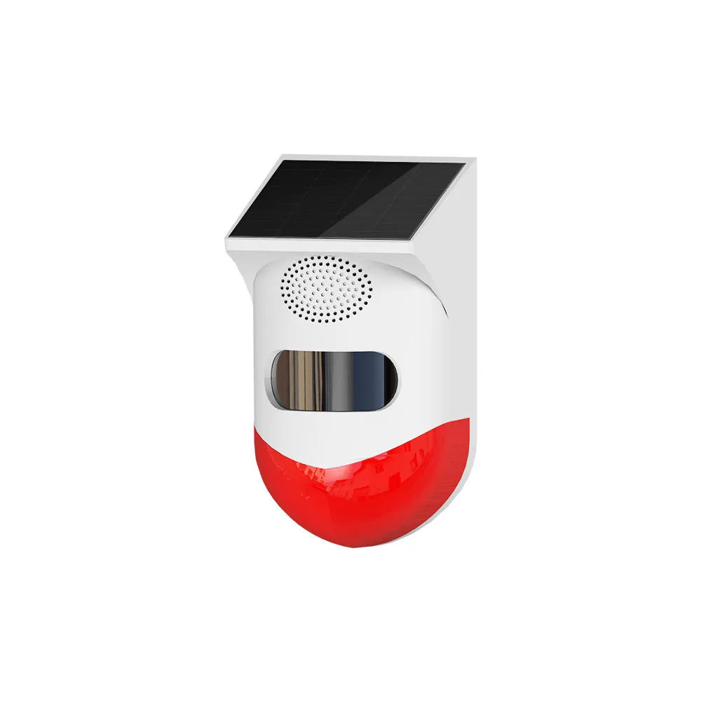Outdoor solar-powered infrared security alarm with GSM module for wireless property monitoring.