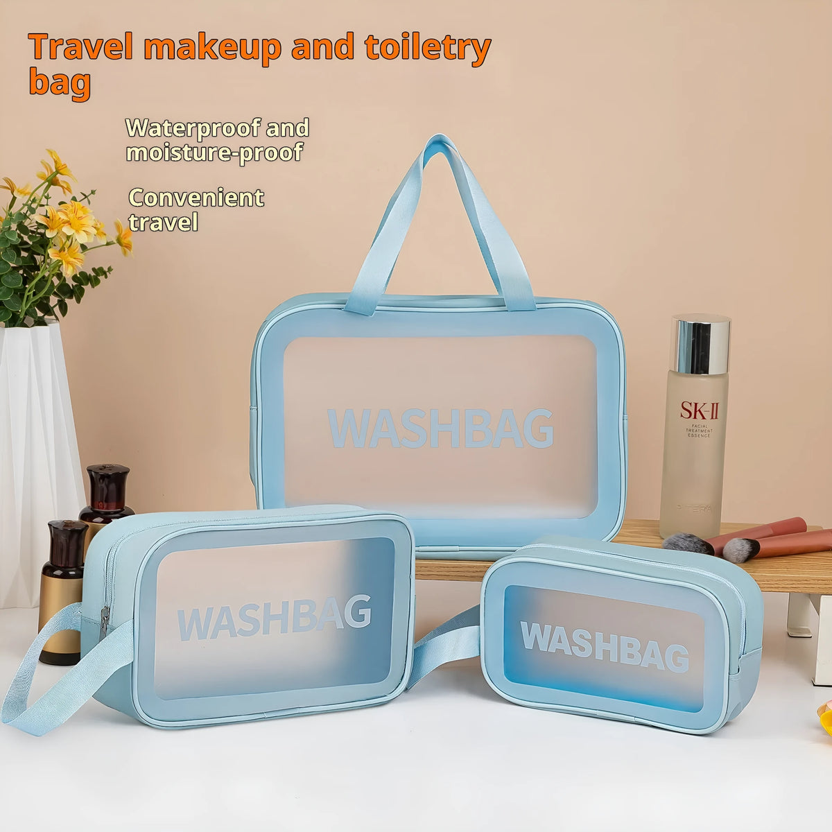 Large PVC transparent cosmetic bag set three pieces in beige, black, blue, pink, and white